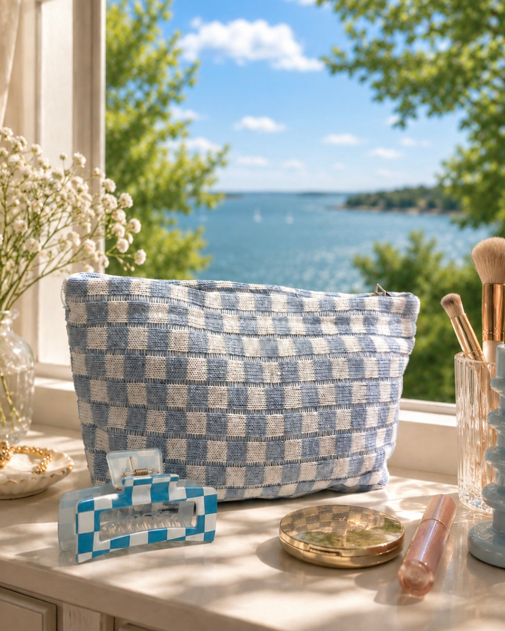 Checkered Makeup Bag & Hair Clip Set