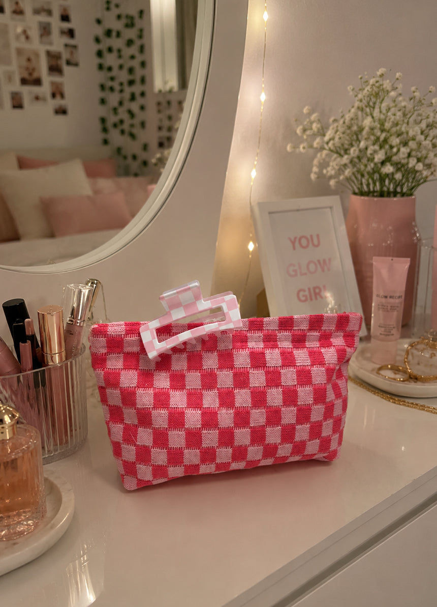 Checkered Makeup Bag & Hair Clip Set