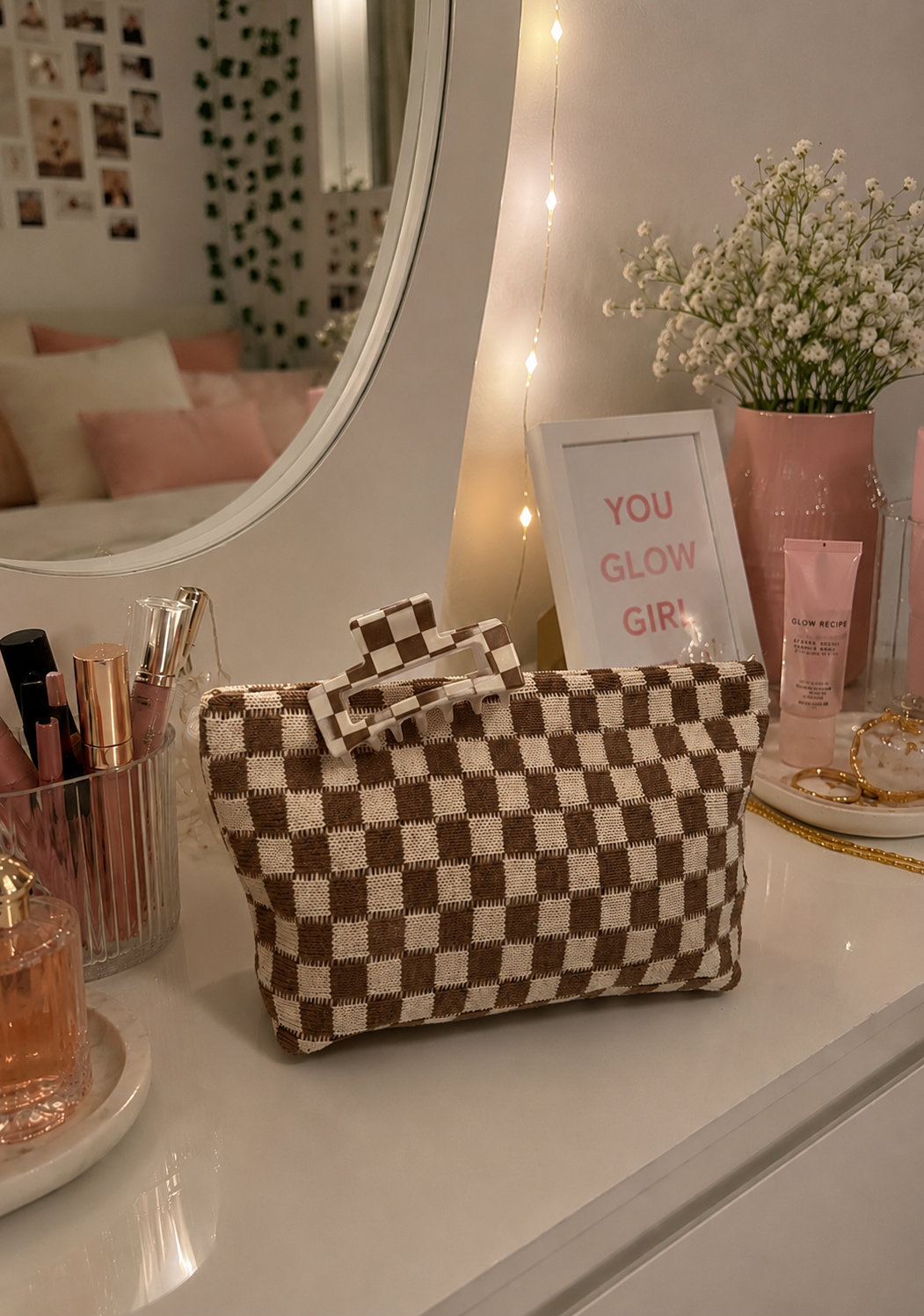 Checkered Makeup Bag & Hair Clip Set