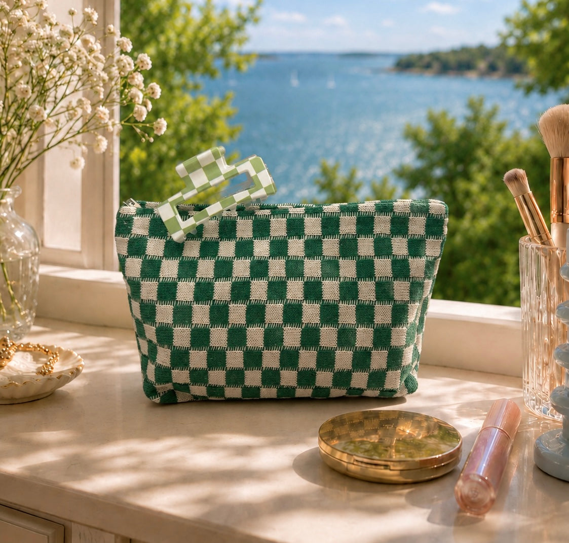 Checkered Makeup Bag & Hair Clip Set
